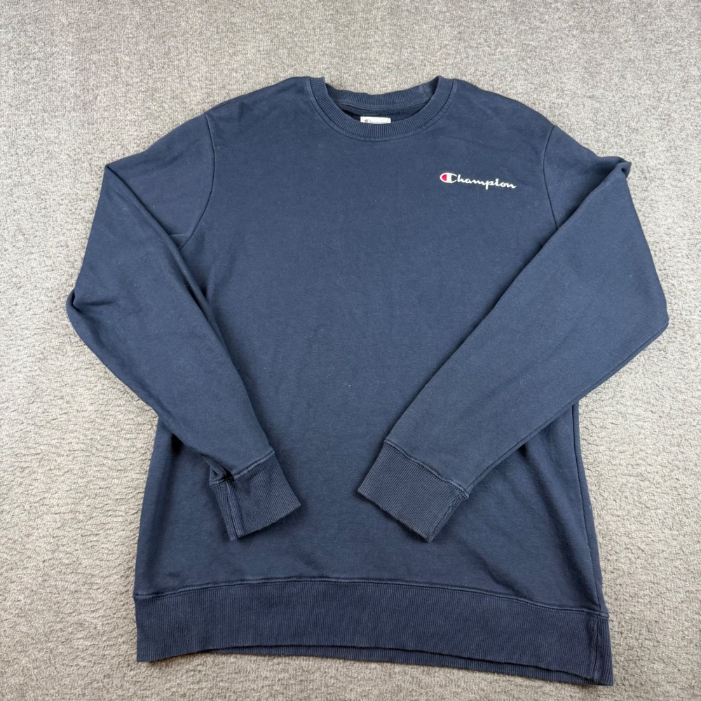 Champion Sweatshirt Mens Medium Navy Blue Embroidered Script Logo Pullover